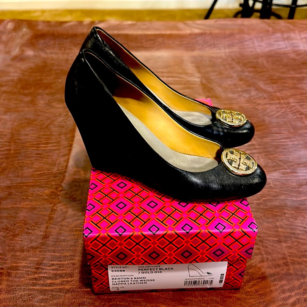 Tory Burch black leather wedges